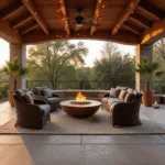 A luxurious covered patio at golden hour, featuring a wicker conversation set around a bronze fire pit, draped with warm string lights, framed by palm trees and illuminated by vintage lanterns.
