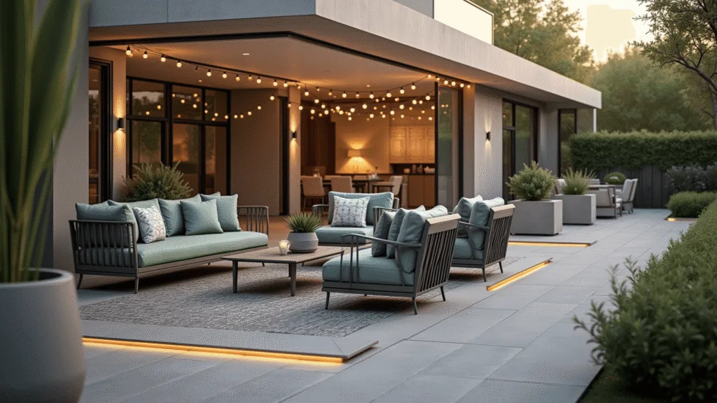 Photorealistic image of a modern patio during golden hour, featuring a premium aluminum conversation set with graphite-finished sofas and sage green cushions, illuminated by integrated LED lights and string lights, with a geometric outdoor rug and minimalist planters in the background.