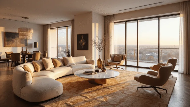 Cinematic photograph of a luxury penthouse living room at golden hour, featuring floor-to-ceiling windows, an Italian cream leather sectional, modernist brass-accented chairs, and a white marble coffee table, all illuminated by warm natural light.