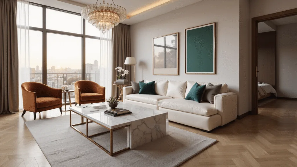 Photorealistic interior of a luxury living room featuring a cream leather sectional, cognac velvet chairs, a marble coffee table, and a sculptural brass chandelier, captured during golden hour with natural shadows and cinematic color grading, showcasing a sophisticated layered neutral palette.