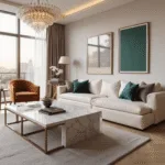 Photorealistic interior of a luxury living room featuring a cream leather sectional, cognac velvet chairs, a marble coffee table, and a sculptural brass chandelier, captured during golden hour with natural shadows and cinematic color grading, showcasing a sophisticated layered neutral palette.