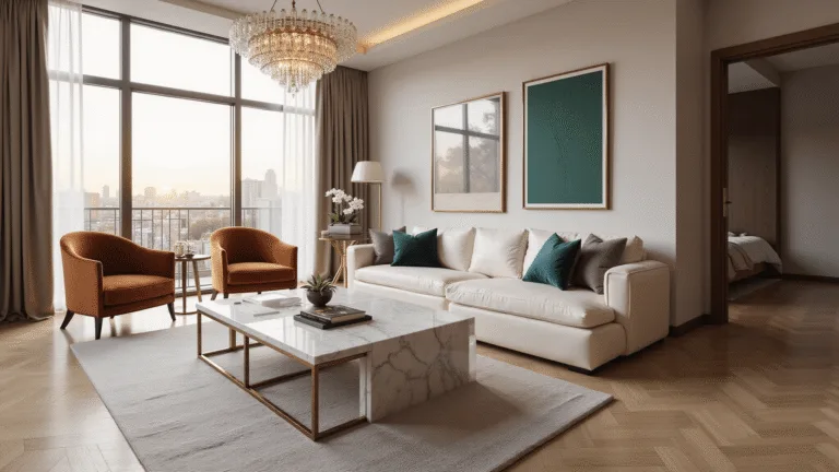 Photorealistic interior of a luxury living room featuring a cream leather sectional, cognac velvet chairs, a marble coffee table, and a sculptural brass chandelier, captured during golden hour with natural shadows and cinematic color grading, showcasing a sophisticated layered neutral palette.