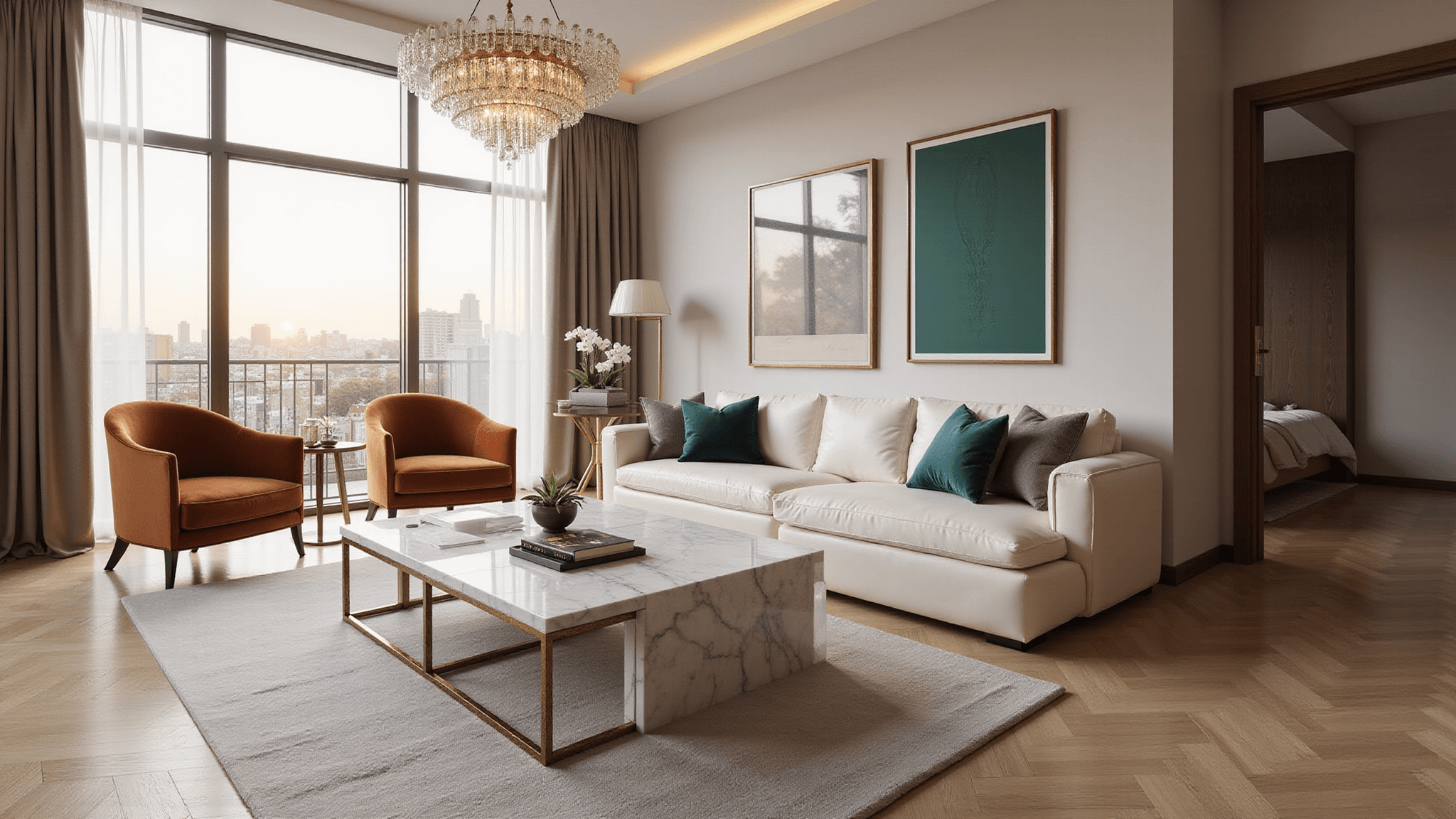 Photorealistic interior of a luxury living room featuring a cream leather sectional, cognac velvet chairs, a marble coffee table, and a sculptural brass chandelier, captured during golden hour with natural shadows and cinematic color grading, showcasing a sophisticated layered neutral palette.