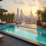 A luxurious urban rooftop terrace at sunset featuring a sparkling plunge pool with turquoise mosaic tiles, surrounded by modern loungers and tropical plants, with a city skyline backdrop and warm string lights.
