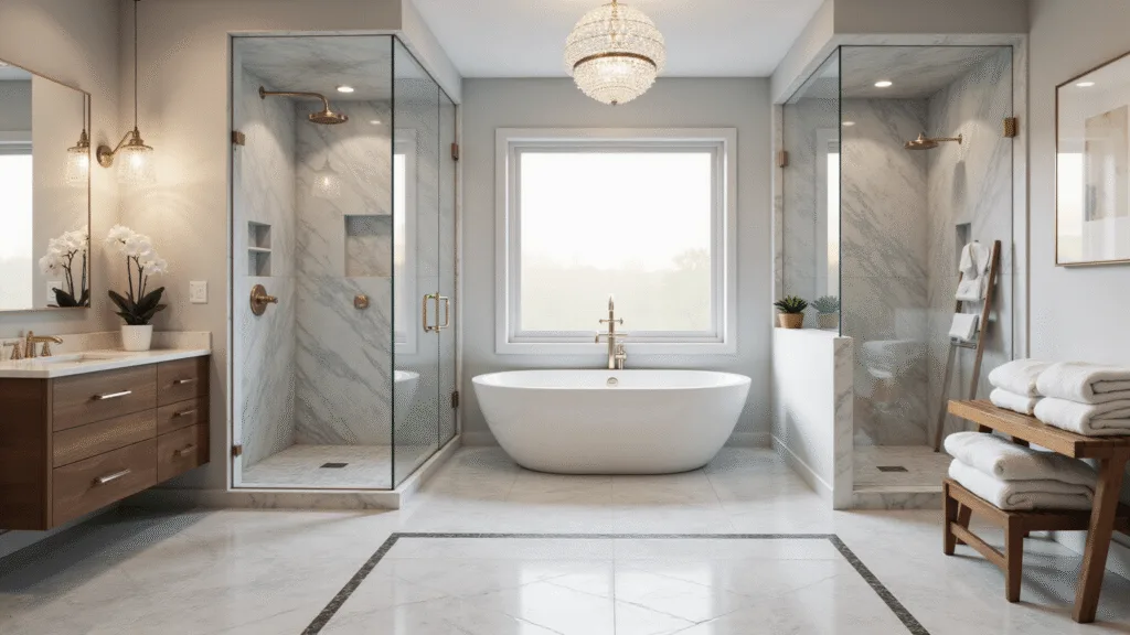Photorealistic image of a luxurious master bathroom featuring a frameless glass walk-in shower with Calacatta marble walls, herringbone mosaic flooring, a walnut floating vanity, and a freestanding soaking tub, all illuminated by golden hour light.