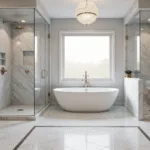 Photorealistic image of a luxurious master bathroom featuring a frameless glass walk-in shower with Calacatta marble walls, herringbone mosaic flooring, a walnut floating vanity, and a freestanding soaking tub, all illuminated by golden hour light.