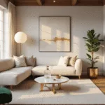 A sun-drenched luxury studio apartment featuring a cream linen sectional sofa, brass floor lamp, large abstract art, herringbone hardwood floors, and floor-to-ceiling windows adorned with sheer white drapes, all bathed in warm golden hour light.