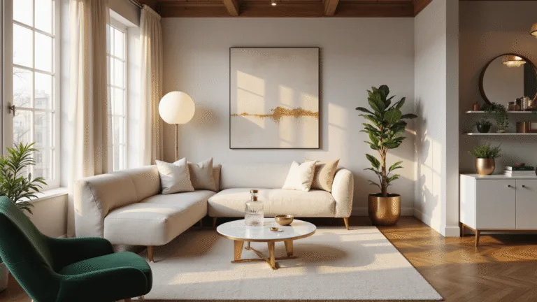 A sun-drenched luxury studio apartment featuring a cream linen sectional sofa, brass floor lamp, large abstract art, herringbone hardwood floors, and floor-to-ceiling windows adorned with sheer white drapes, all bathed in warm golden hour light.