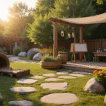 A whimsical children's garden at golden hour featuring a winding stone pathway, a log climbing structure, a willow tunnel with solar lights, a rustic mud kitchen, a sensory garden corner with colorful flowers, and an art station, all bathed in golden sunlight and magical light particles.