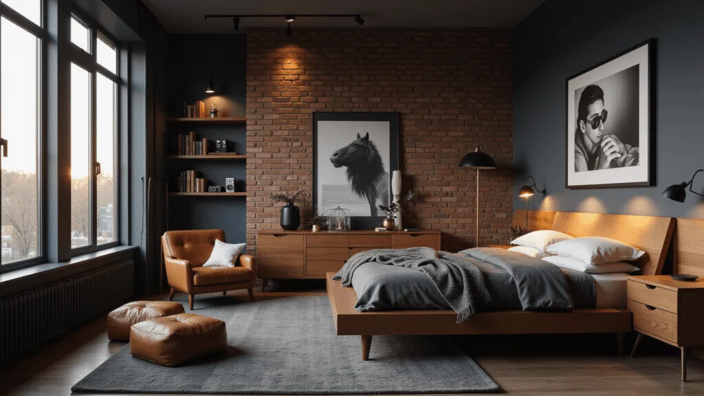 A luxurious masculine bedroom with deep navy walls and an exposed brick accent wall, featuring a walnut platform bed, cognac leather armchair, and artfully arranged vintage cameras on floating oak shelves. The scene is illuminated by warm golden hour sunlight streaming through large windows, highlighting a cozy atmosphere with layered textures and a gallery wall of black and white photography.
