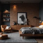 A luxurious masculine bedroom with deep navy walls and an exposed brick accent wall, featuring a walnut platform bed, cognac leather armchair, and artfully arranged vintage cameras on floating oak shelves. The scene is illuminated by warm golden hour sunlight streaming through large windows, highlighting a cozy atmosphere with layered textures and a gallery wall of black and white photography.