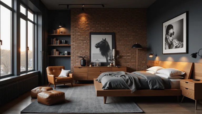 A luxurious masculine bedroom with deep navy walls and an exposed brick accent wall, featuring a walnut platform bed, cognac leather armchair, and artfully arranged vintage cameras on floating oak shelves. The scene is illuminated by warm golden hour sunlight streaming through large windows, highlighting a cozy atmosphere with layered textures and a gallery wall of black and white photography.
