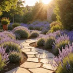 Cinematic wide-angle photograph of a sun-drenched Mediterranean garden terrace with blooming lavender and silver-leafed sage, featuring ancient limestone walls and a winding stone pathway, all illuminated by golden hour light.