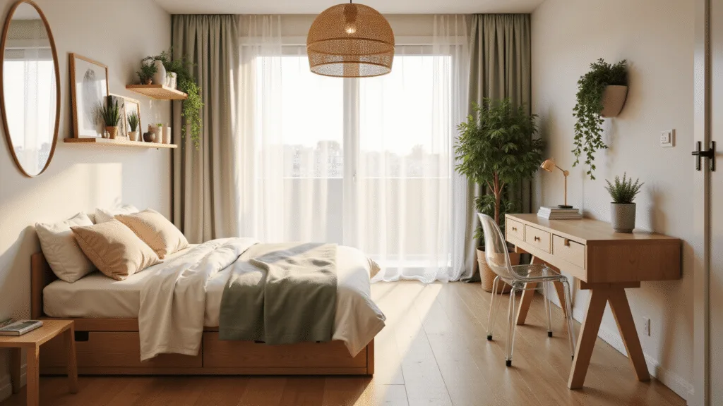 Photorealistic image of a minimalist compact bedroom with a low-profile platform bed, soft sunlight through sheer curtains, light oak flooring, and decorative accents in blush and sage green.