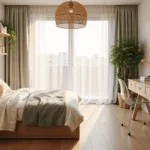 Photorealistic image of a minimalist compact bedroom with a low-profile platform bed, soft sunlight through sheer curtains, light oak flooring, and decorative accents in blush and sage green.