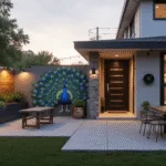 A photorealistic wide-angle view of a contemporary backyard featuring a hand-painted peacock mural on a modern fence, surrounded by geometric metal planters with cascading succulents, matte black wall sculptures, and deep charcoal outdoor furniture, all illuminated by warm LED string lights in a moody dusk setting.