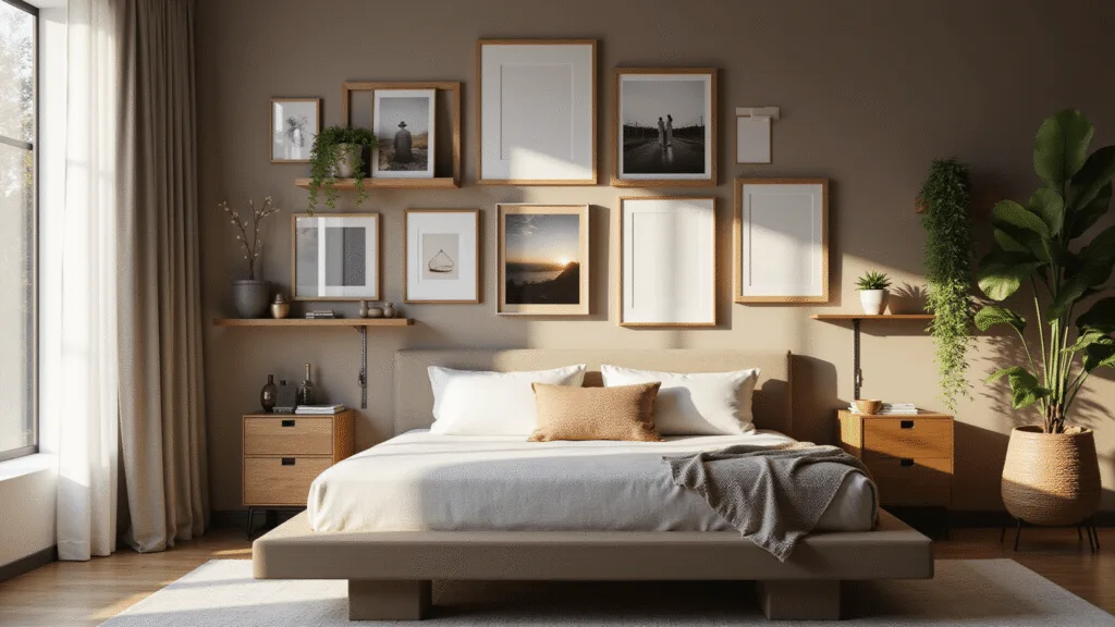 A modern bedroom with a gallery wall featuring an asymmetrical arrangement of frames in varied sizes and finishes, illuminated by natural morning light through large windows.