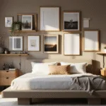 A modern bedroom with a gallery wall featuring an asymmetrical arrangement of frames in varied sizes and finishes, illuminated by natural morning light through large windows.