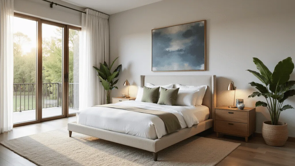 A photorealistic interior of a modern luxurious master bedroom featuring a king-sized platform bed with white linens and sage green pillows, weathered oak nightstands with brass lamps, and a textured ivory rug, bathed in warm morning sunlight through floor-to-ceiling windows.