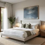 A photorealistic interior of a modern luxurious master bedroom featuring a king-sized platform bed with white linens and sage green pillows, weathered oak nightstands with brass lamps, and a textured ivory rug, bathed in warm morning sunlight through floor-to-ceiling windows.