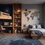 Photorealistic interior of a modern boys bedroom featuring a custom loft bed, adventure-themed decor, geometric shelves, and a cozy reading nook, all illuminated by natural light and ambient LED lighting during golden hour.