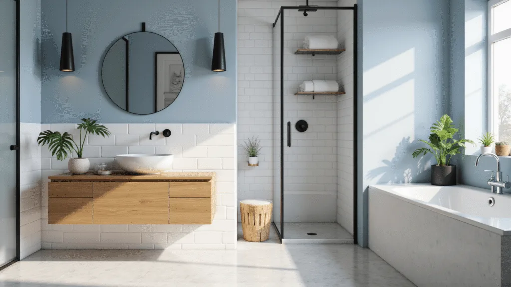 Photorealistic image of a bright modern bathroom featuring white subway tiles, light blue walls, a floating oak vanity with a vessel sink, an oversized round mirror, a frameless glass shower, and marble-look vinyl flooring, accented by a potted monstera and ferns, illuminated by soft morning sunlight.