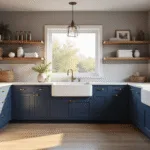 Photorealistic modern farmhouse laundry room featuring navy blue cabinetry, brass fixtures, and expansive white quartz countertops, illuminated by golden hour sunlight.