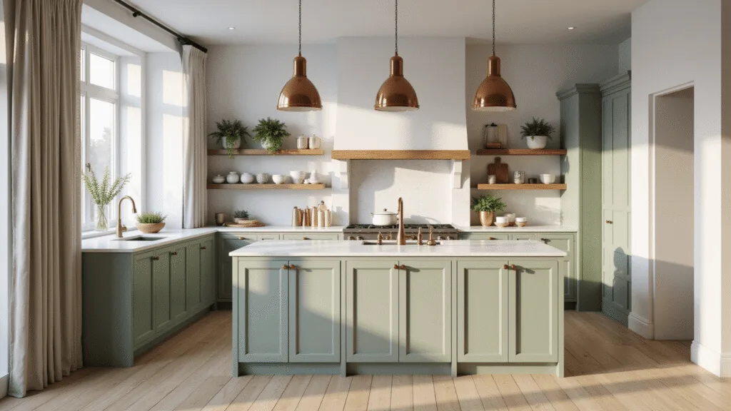Photorealistic sunlit modern farmhouse kitchen featuring sage green shaker cabinets, a white quartz waterfall island, vintage copper pendant lights, artisanal ceramics, and fresh herbs, with warm wide-plank white oak flooring and brass hardware accents, shot in 8K with a golden hour ambiance.