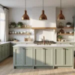 Photorealistic sunlit modern farmhouse kitchen featuring sage green shaker cabinets, a white quartz waterfall island, vintage copper pendant lights, artisanal ceramics, and fresh herbs, with warm wide-plank white oak flooring and brass hardware accents, shot in 8K with a golden hour ambiance.