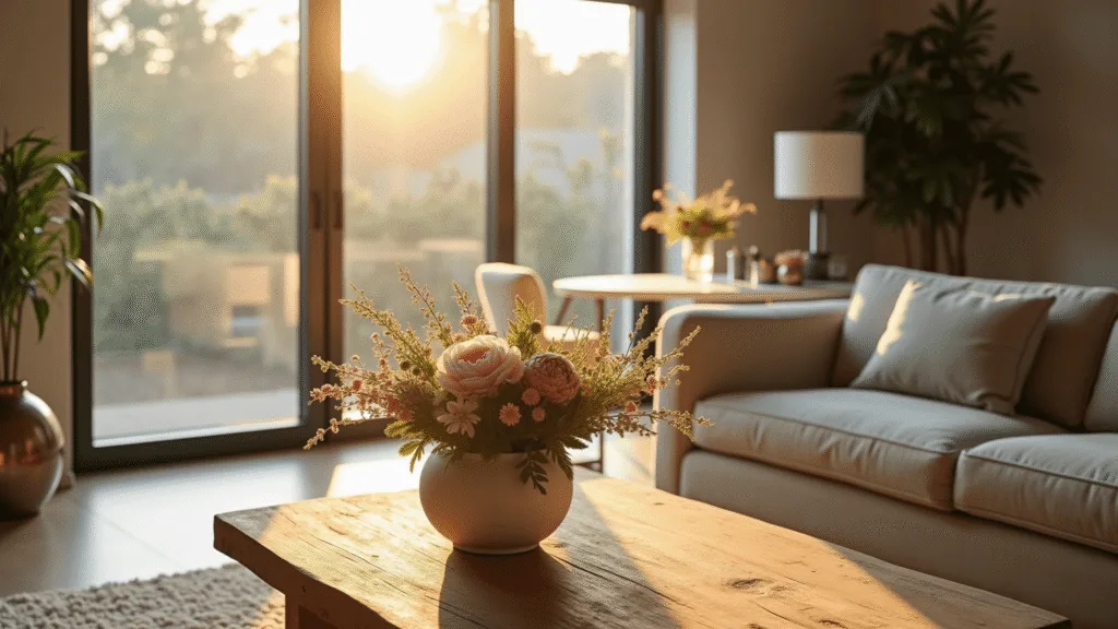 A beautifully arranged contemporary living space bathed in golden hour sunlight, featuring vignettes of floral decor: a rustic wooden coffee table with a garden-style centerpiece of muted wildflowers, a minimalist desk with a single peony in a clear glass vessel, and a nightstand with petite roses in silver vases, captured in hyper-realistic detail.