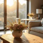 A beautifully arranged contemporary living space bathed in golden hour sunlight, featuring vignettes of floral decor: a rustic wooden coffee table with a garden-style centerpiece of muted wildflowers, a minimalist desk with a single peony in a clear glass vessel, and a nightstand with petite roses in silver vases, captured in hyper-realistic detail.