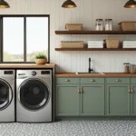 Photorealistic interior design of a luxurious garage laundry room with stacked stainless steel washer and dryer, sage green cabinets, butcher block countertop, floating shelves, cement tile floor, and natural light from a black-framed window.