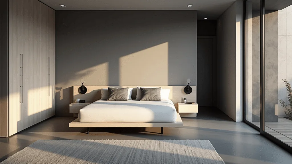 A modern minimalist bedroom with pearl grey walls, a low-profile platform bed, and golden hour sunlight streaming through floor-to-ceiling windows, featuring bleached oak nightstands and geometric grey pillows.