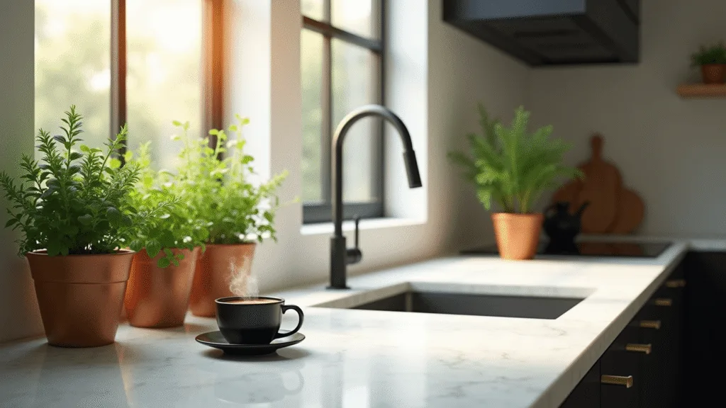 Photorealistic image of a sunlit modern kitchen featuring a curated herb garden in copper and terracotta containers, set against white marble countertops, with floor-to-ceiling windows illuminating the vibrant foliage and creating a soft halo effect.