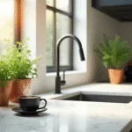 Photorealistic image of a sunlit modern kitchen featuring a curated herb garden in copper and terracotta containers, set against white marble countertops, with floor-to-ceiling windows illuminating the vibrant foliage and creating a soft halo effect.