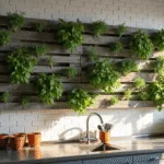 A modern kitchen featuring a vertical herb garden wall made from gray pallets, filled with basil, thyme, rosemary, and mint, illuminated by natural sunlight casting shadows on white tiles.