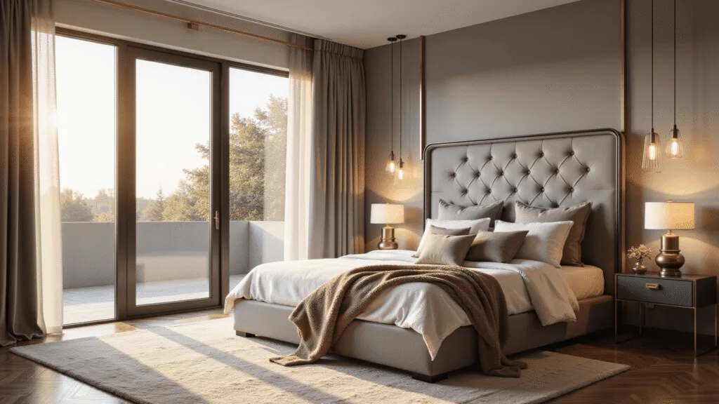 A luxurious master bedroom featuring a king-sized bed with ivory Italian linens, a dove grey tufted velvet headboard, and warm golden hour sunlight streaming through floor-to-ceiling windows, complemented by brass pendant lights, a cream Moroccan rug, and modern minimalist decor.