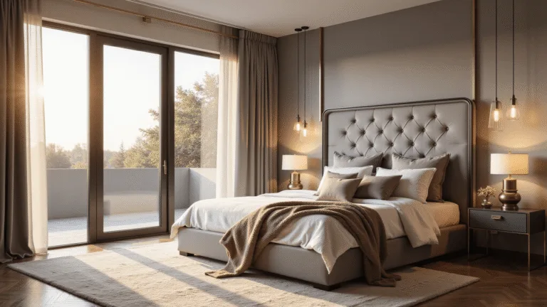 A luxurious master bedroom featuring a king-sized bed with ivory Italian linens, a dove grey tufted velvet headboard, and warm golden hour sunlight streaming through floor-to-ceiling windows, complemented by brass pendant lights, a cream Moroccan rug, and modern minimalist decor.