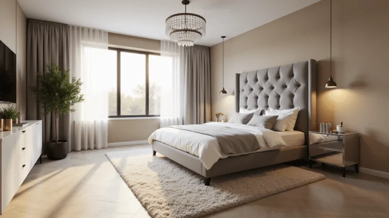 Photorealistic interior of a spacious modern luxury bedroom featuring a king-size platform bed, tufted dove grey velvet headboard, elegant golden hour lighting, and stylish decor including a crystal chandelier, mirrored nightstands, and a plush ivory wool rug.
