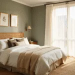 A sophisticated guest bedroom bathed in golden hour sunlight, featuring a queen-sized bed with white linens and cashmere throws, rattan headboard, vintage brass sconces, and a large bay window with sheer curtains.