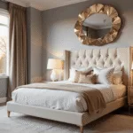 A luxurious bedroom in golden hour light featuring a king-size bed with a channel-tufted cream velvet headboard, champagne gold nightstands, and elegant decor in soft white, ivory, and blush tones.