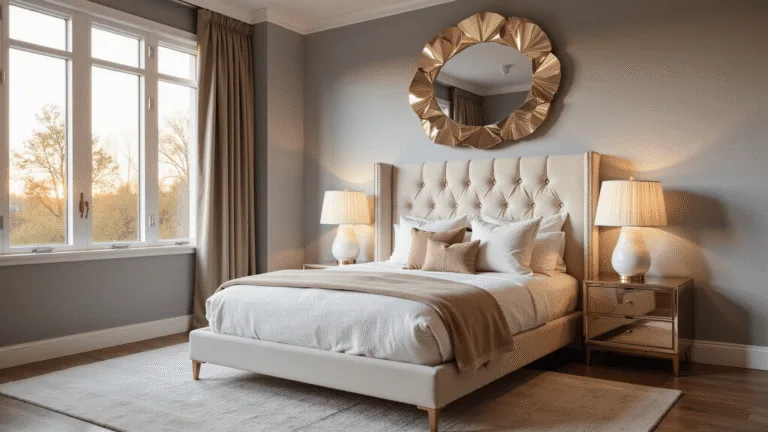 A luxurious bedroom in golden hour light featuring a king-size bed with a channel-tufted cream velvet headboard, champagne gold nightstands, and elegant decor in soft white, ivory, and blush tones.