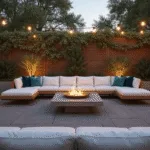 Cinematic wide-angle view of a luxurious modern patio at twilight, featuring a teak sectional, minimal concrete fire pit, vintage string lights, and intricate shadows on slate tiles, surrounded by jasmine trellises and illuminated plants, with ethereal lighting and decorative lanterns.