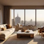 Photorealistic interior of a modern Los Angeles penthouse living room at golden hour, featuring a cream bouclé sectional sofa, brass accent chairs, and a veined marble coffee table, with dramatic city views through floor-to-ceiling windows and warm neutral tones.