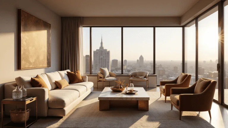 Photorealistic interior of a modern Los Angeles penthouse living room at golden hour, featuring a cream bouclé sectional sofa, brass accent chairs, and a veined marble coffee table, with dramatic city views through floor-to-ceiling windows and warm neutral tones.