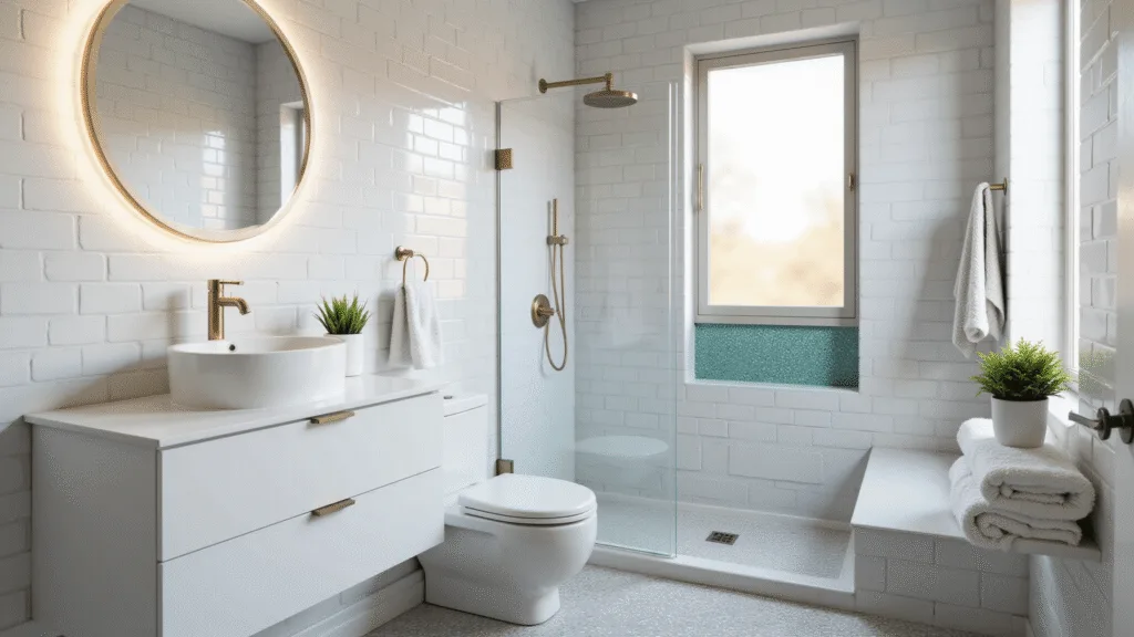 Photorealistic image of a modern minimalist bathroom featuring white subway tiles, penny tile flooring, a floating vanity with a waterfall edge, and a backlit mirror, enhanced by natural morning light and stylish brushed brass fixtures.