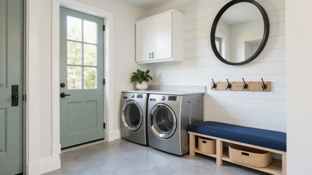 A bright, modern mudroom-laundry combo featuring white shaker cabinets, a quartz waterfall countertop, front-loading metallic silver washer and dryer, navy blue bench cushions, and a sage green Dutch door, all complemented by soft gray cement hexagonal tiles and natural light streaming in, showcasing a minimal Scandinavian aesthetic.