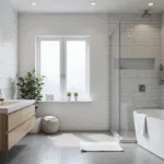 Photorealistic interior of a modern minimalist spa bathroom featuring natural morning light, white subway tiles, a light oak vanity, and a walk-in shower with a frameless glass partition.