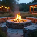 "Photorealistic twilight scene of a circular natural stone fire pit surrounded by curved boulder seating, with ambient string lights illuminating the backyard landscape and wildflowers swaying in the foreground."