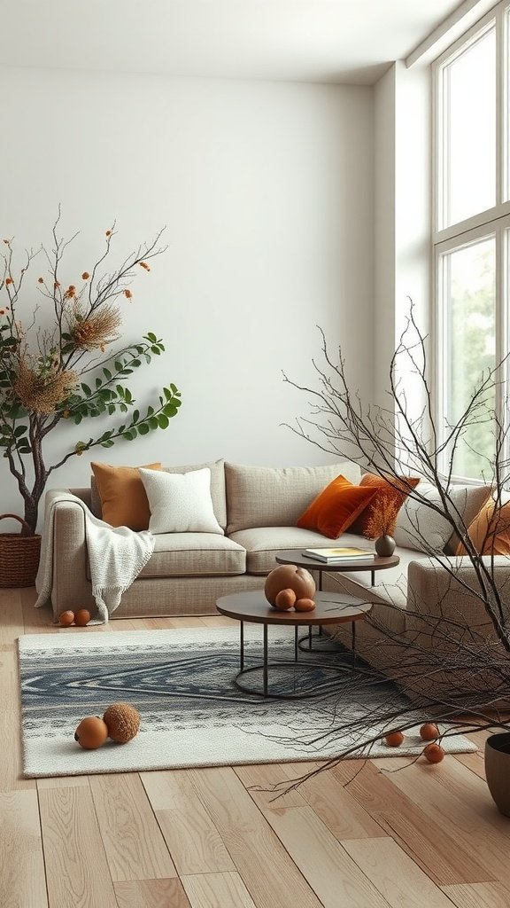 A cozy living room with natural elements, featuring branches, orange accents, and a neutral color palette.